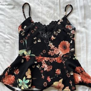 Charlotte Russe, Black Floral Pepum top, Spaghetti Strap, SizeM
